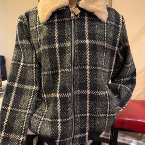 Green Plaid Bomber Jacket with Faux Fur sheep detachable Collar